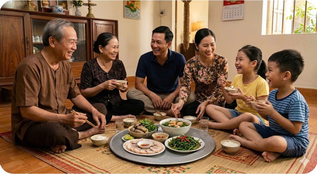 Une famille vietnamienne partageant un repas assise à même le sol autour de plats communs