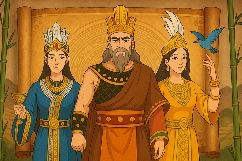 Illustration d'un roi Hung accompagné de deux reines