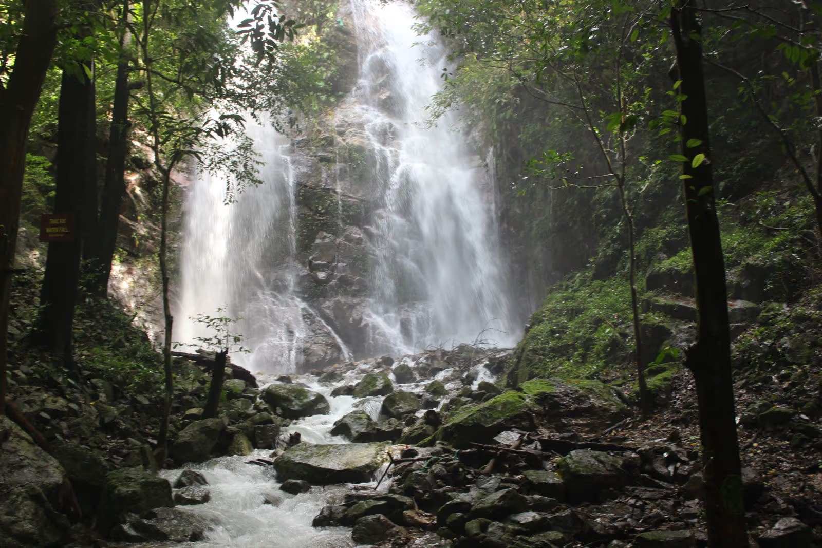 Grande cascade tombant en voile de brume dans la forêt de Chu Mom Ray