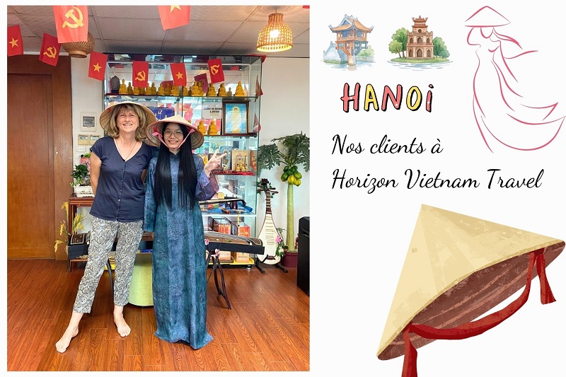 Trang TRAN en áo dài avec une voyageuse française portant le chapeau conique, au bureau d'Horizon Vietnam Travel à Hanoï