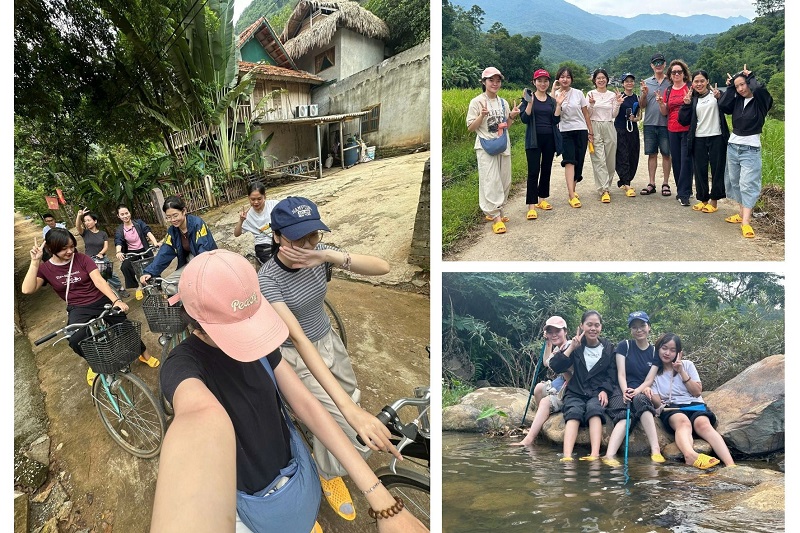 Trang TRAN et l'équipe Horizon Vietnam Travel en repérage à Pu Luong : balade à vélo, rizières et pause au bord d'un ruisseau