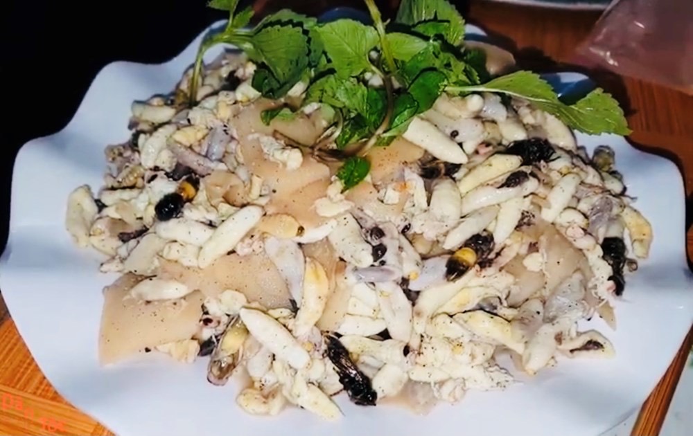 Larves d’abeilles sauvages sautées avec des pousses de bambou à Mai Chau